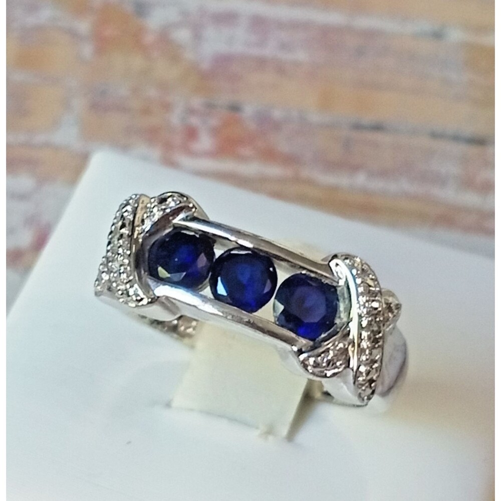 3 Stone Sapphire Sterling Silver Ring Size 6.5 Zircon Bypass Accents Lab Created